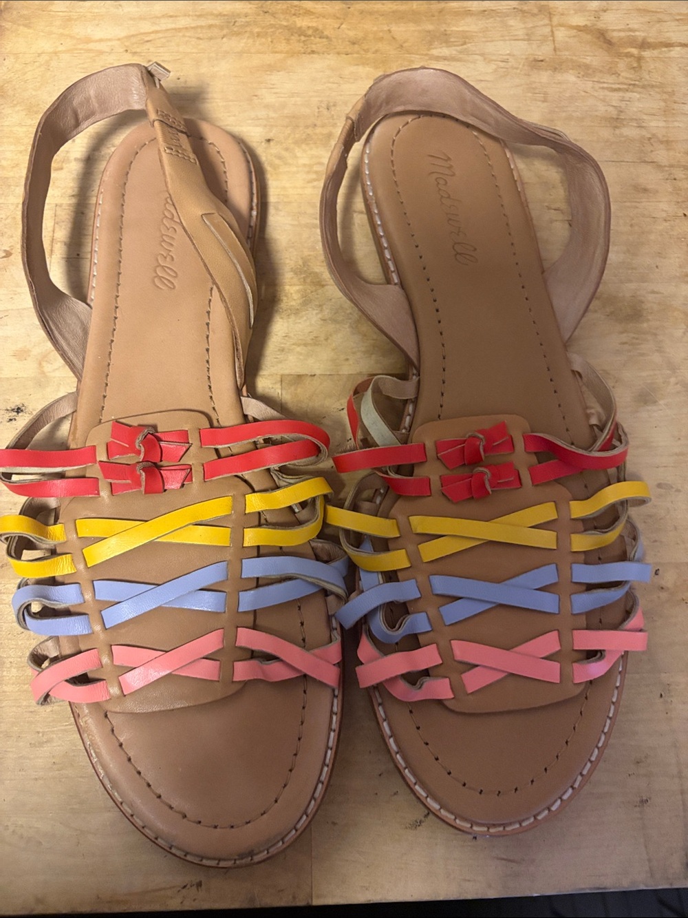 Madewell Tan Leather Sandals with Pink, Yellow, Blue & Red Straps